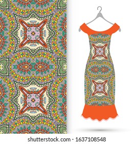 Vector fashion illustration. Women's dress model on a hanger and colorful seamless pattern for textile fabric or paper print. Party dress design, Summer cloth collection, isolated elements