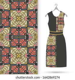 Vector fashion illustration. Women's dress model on a hanger and colorful seamless pattern for textile fabric or paper print. Party dress design, Summer cloth collection, isolated elements