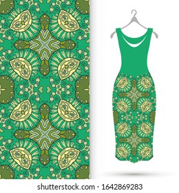 Vector fashion illustration. Women's dress model on a hanger and colorful seamless pattern for textile fabric or paper print. Party dress design, Summer cloth collection, isolated elements