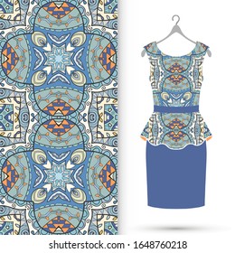Vector fashion illustration. Women's dress model on a hanger and colorful seamless pattern for textile fabric or paper print. Party dress design, Summer cloth collection, isolated elements