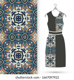 Vector fashion illustration. Women's dress model on a hanger and colorful seamless pattern for textile fabric or paper print. Party dress design, Summer cloth collection, isolated elements