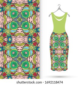 Vector fashion illustration. Women's dress model on a hanger and colorful seamless pattern for textile fabric or paper print. Party dress design, Summer cloth collection, isolated elements