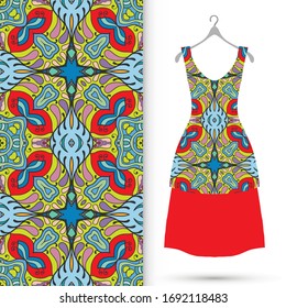 Vector fashion illustration. Women's dress model on a hanger and colorful seamless pattern for textile fabric or paper print. Party dress design, Summer cloth collection, isolated elements