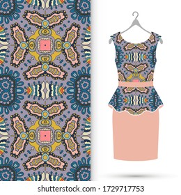 Vector fashion illustration. Women's dress model on a hanger and colorful seamless pattern for textile fabric or paper print. Party dress design, Summer cloth collection, isolated elements