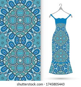 Vector fashion illustration. Women's dress model on a hanger and colorful seamless pattern for textile fabric or paper print. Party dress design, Summer cloth collection, isolated elements