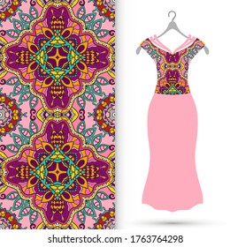 Vector fashion illustration. Women's dress model on a hanger and colorful seamless pattern for textile fabric or paper print. Party dress design, Summer cloth collection, isolated elements