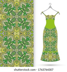 Vector fashion illustration. Women's dress model on a hanger and colorful seamless pattern for textile fabric or paper print. Party dress design, Summer cloth collection, isolated elements