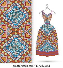 Vector fashion illustration. Women's dress model on a hanger and colorful seamless pattern for textile fabric or paper print. Party dress design, Summer cloth collection, isolated elements