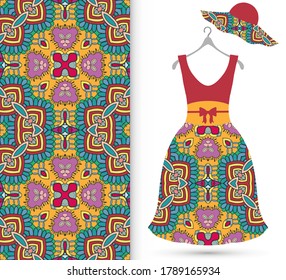 Vector fashion illustration. Women's dress model on a hanger and colorful seamless pattern for textile fabric or paper print. Party dress design, Summer cloth collection, isolated elements