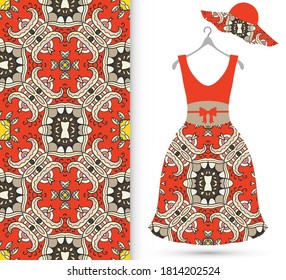 Vector fashion illustration. Women's dress model on a hanger and colorful seamless pattern for textile fabric or paper print. Party dress design, Summer cloth collection, isolated elements