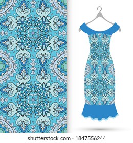 Vector fashion illustration. Women's dress model on a hanger and colorful seamless pattern for textile fabric or paper print. Party dress design, Summer cloth collection, isolated elements