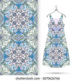 Vector fashion illustration. Women's dress model on a hanger and colorful seamless pattern for textile fabric or paper print. Party dress design, Summer cloth collection, isolated elements
