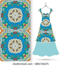 Vector fashion illustration. Women's dress model on a hanger and colorful seamless pattern for textile fabric or paper print. Party dress design, Summer cloth collection, isolated elements