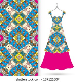 Vector fashion illustration. Women's dress model on a hanger and colorful seamless pattern for textile fabric or paper print. Party dress design, Summer cloth collection, isolated elements
