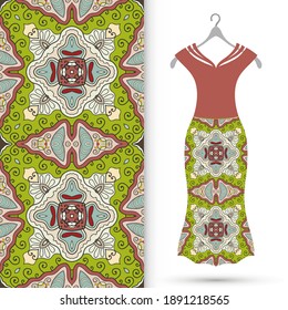 Vector fashion illustration. Women's dress model on a hanger and colorful seamless pattern for textile fabric or paper print. Party dress design, Summer cloth collection, isolated elements