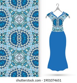 Vector fashion illustration. Women's dress model on a hanger and colorful seamless pattern for textile fabric or paper print. Party dress design, Summer cloth collection, isolated elements