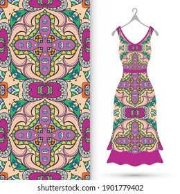 Vector fashion illustration. Women's dress model on a hanger and colorful seamless pattern for textile fabric or paper print. Party dress design, Summer cloth collection, isolated elements