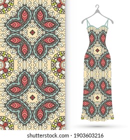 Vector fashion illustration. Women's dress model on a hanger and colorful seamless pattern for textile fabric or paper print. Party dress design, Summer cloth collection, isolated elements