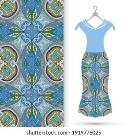 Vector fashion illustration. Women's dress model on a hanger and colorful seamless pattern for textile fabric or paper print. Party dress design, Summer cloth collection, isolated elements