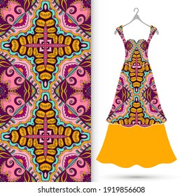 Vector fashion illustration. Women's dress model on a hanger and colorful seamless pattern for textile fabric or paper print. Party dress design, Summer cloth collection, isolated elements