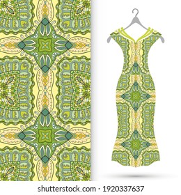 Vector fashion illustration. Women's dress model on a hanger and colorful seamless pattern for textile fabric or paper print. Party dress design, Summer cloth collection, isolated elements