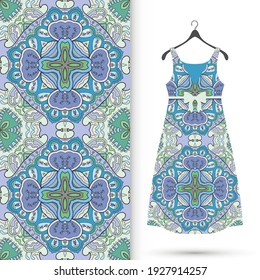Vector fashion illustration. Women's dress model on a hanger and colorful seamless pattern for textile fabric or paper print. Party dress design, Summer cloth collection, isolated elements