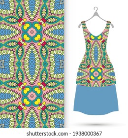 Vector fashion illustration. Women's dress model on a hanger and colorful seamless pattern for textile fabric or paper print. Party dress design, Summer cloth collection, isolated elements