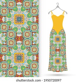 Vector fashion illustration. Women's dress model on a hanger and colorful seamless pattern for textile fabric or paper print. Party dress design, Summer cloth collection, isolated elements