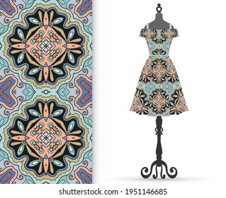 Vector fashion illustration. Women's dress model on a hanger and colorful seamless pattern for textile fabric or paper print. Party dress design, Summer cloth collection, isolated elements