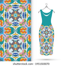 Vector fashion illustration. Women's dress model on a hanger and colorful seamless pattern for textile fabric or paper print. Party dress design, Summer cloth collection, isolated elements