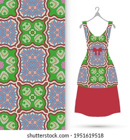 Vector fashion illustration. Women's dress model on a hanger and colorful seamless pattern for textile fabric or paper print. Party dress design, Summer cloth collection, isolated elements