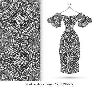 Vector fashion illustration. Women's dress model on a hanger. Seamless pattern for textile fabric or paper print. Party dress design, Summer cloth collection, isolated elements. Black and white lace