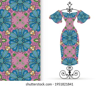 Vector fashion illustration. Women's dress model on a hanger and colorful seamless pattern for textile fabric or paper print. Party dress design, Summer cloth collection, isolated elements