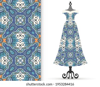 Vector fashion illustration. Women's dress model on a hanger and colorful seamless pattern for textile fabric or paper print. Party dress design, Summer cloth collection, isolated elements