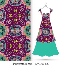 Vector fashion illustration. Women's dress model on a hanger and colorful seamless pattern for textile fabric or paper print. Party dress design, Summer cloth collection, isolated elements