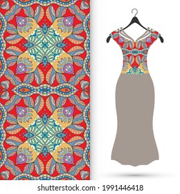 Vector fashion illustration. Women's dress model on a hanger and colorful seamless pattern for textile fabric or paper print. Party dress design, Summer cloth collection, isolated elements