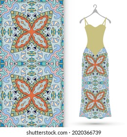 Vector fashion illustration. Women's dress model on a hanger and colorful seamless pattern for textile fabric or paper print. Party dress design, Summer cloth collection, isolated elements