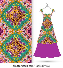 Vector fashion illustration. Women's dress model on a hanger and colorful seamless pattern for textile fabric or paper print. Party dress design, Summer cloth collection, isolated elements