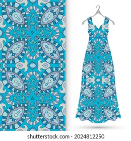 Vector fashion illustration. Women's dress model on a hanger and colorful seamless pattern for textile fabric or paper print. Party dress design, Summer cloth collection, isolated elements