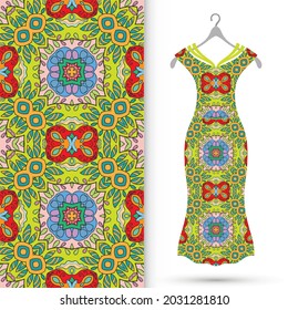 Vector fashion illustration. Women's dress model on a hanger and colorful seamless pattern for textile fabric or paper print. Party dress design, Summer cloth collection, isolated elements