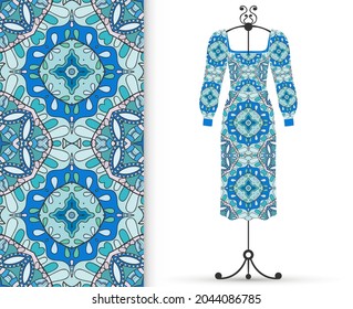 Vector fashion illustration. Women's dress model on a hanger and colorful seamless pattern for textile fabric or paper print. Party dress design, Summer cloth collection, isolated elements