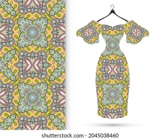 Vector fashion illustration. Women's dress model on a hanger and colorful seamless pattern for textile fabric or paper print. Party dress design, Summer cloth collection, isolated elements