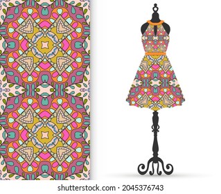 Vector fashion illustration. Women's dress model on a hanger and colorful seamless pattern for textile fabric or paper print. Party dress design, Summer cloth collection, isolated elements