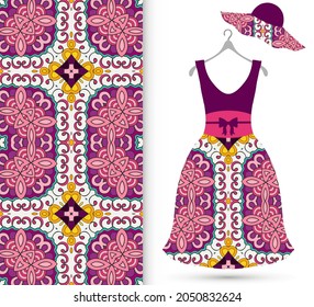 Vector fashion illustration. Women's dress model on a hanger and colorful seamless pattern for textile fabric or paper print. Party dress design, Summer cloth collection, isolated elements