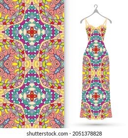 Vector fashion illustration. Women's dress model on a hanger and colorful seamless pattern for textile fabric or paper print. Party dress design, Summer cloth collection, isolated elements