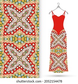Vector fashion illustration. Women's dress model on a hanger and colorful seamless pattern for textile fabric or paper print. Party dress design, Summer cloth collection, isolated elements