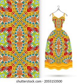 Vector fashion illustration. Women's dress model on a hanger and colorful seamless pattern for textile fabric or paper print. Party dress design, Summer cloth collection, isolated elements