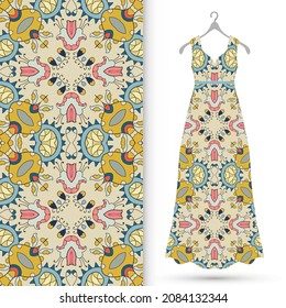 Vector fashion illustration. Women's dress model on a hanger and colorful seamless pattern for textile fabric or paper print. Party dress design, Summer cloth collection, isolated elements