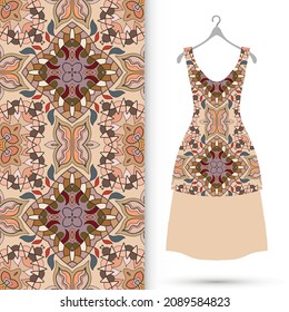 Vector fashion illustration. Women's dress model on a hanger and colorful seamless pattern for textile fabric or paper print. Party dress design, Summer cloth collection, isolated elements