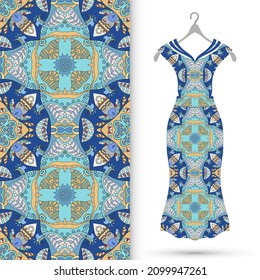 Vector fashion illustration. Women's dress model on a hanger and colorful seamless pattern for textile fabric or paper print. Party dress design, Summer cloth collection, isolated elements